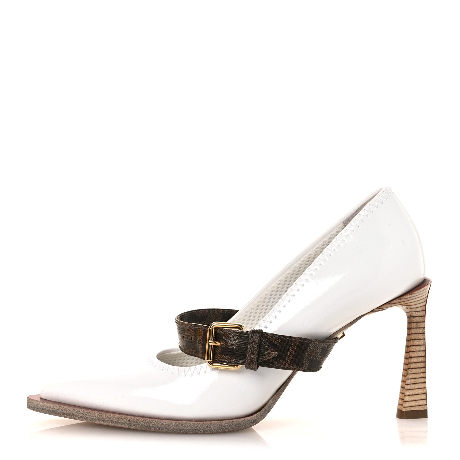 Fendi Glossy Neoprene Glazed Fabric FF FFrame Court Mary Jane Pumps 39 White Tobacco Moro 1 of 11