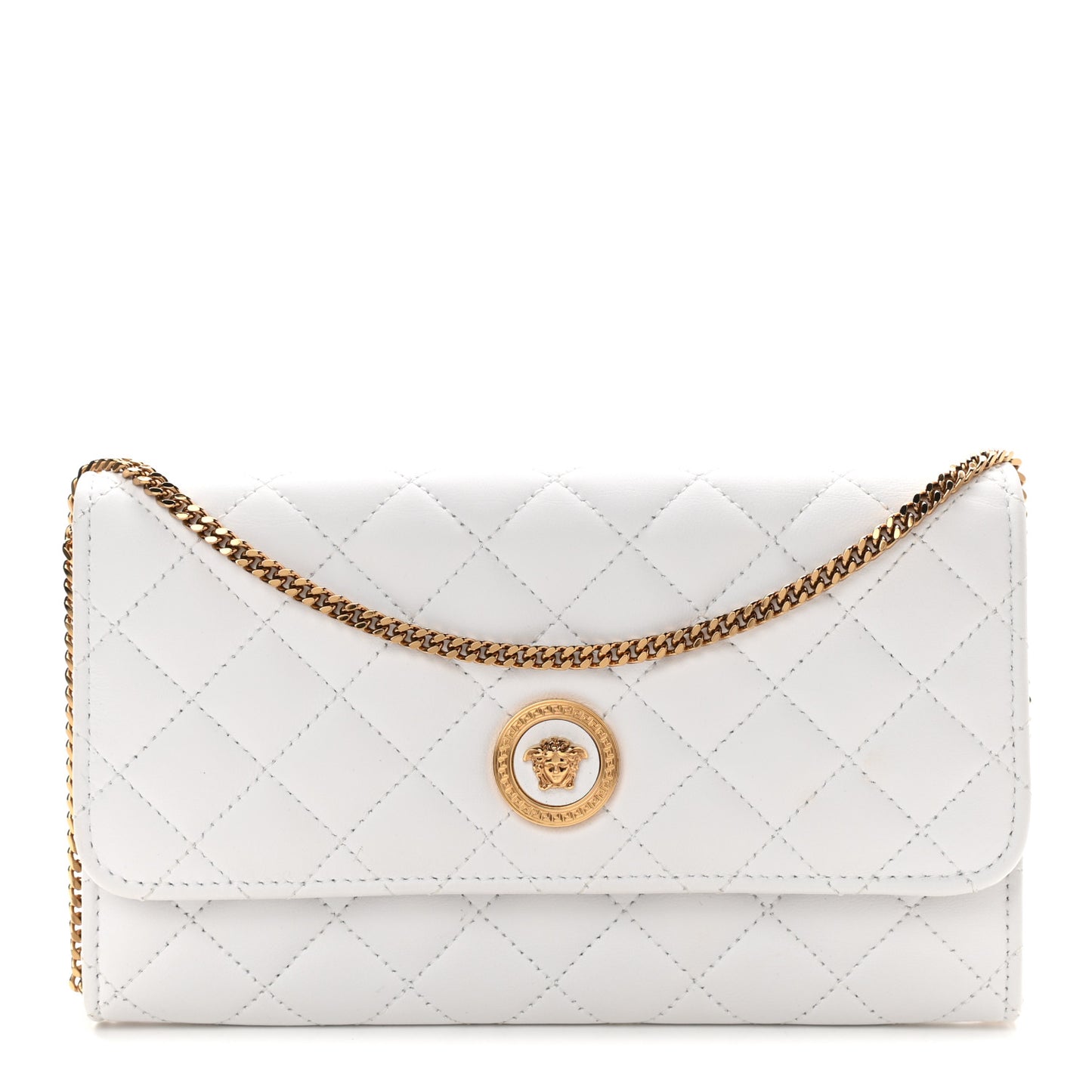 Lambskin Quilted Medusa Wallet On Chain Crossbody White