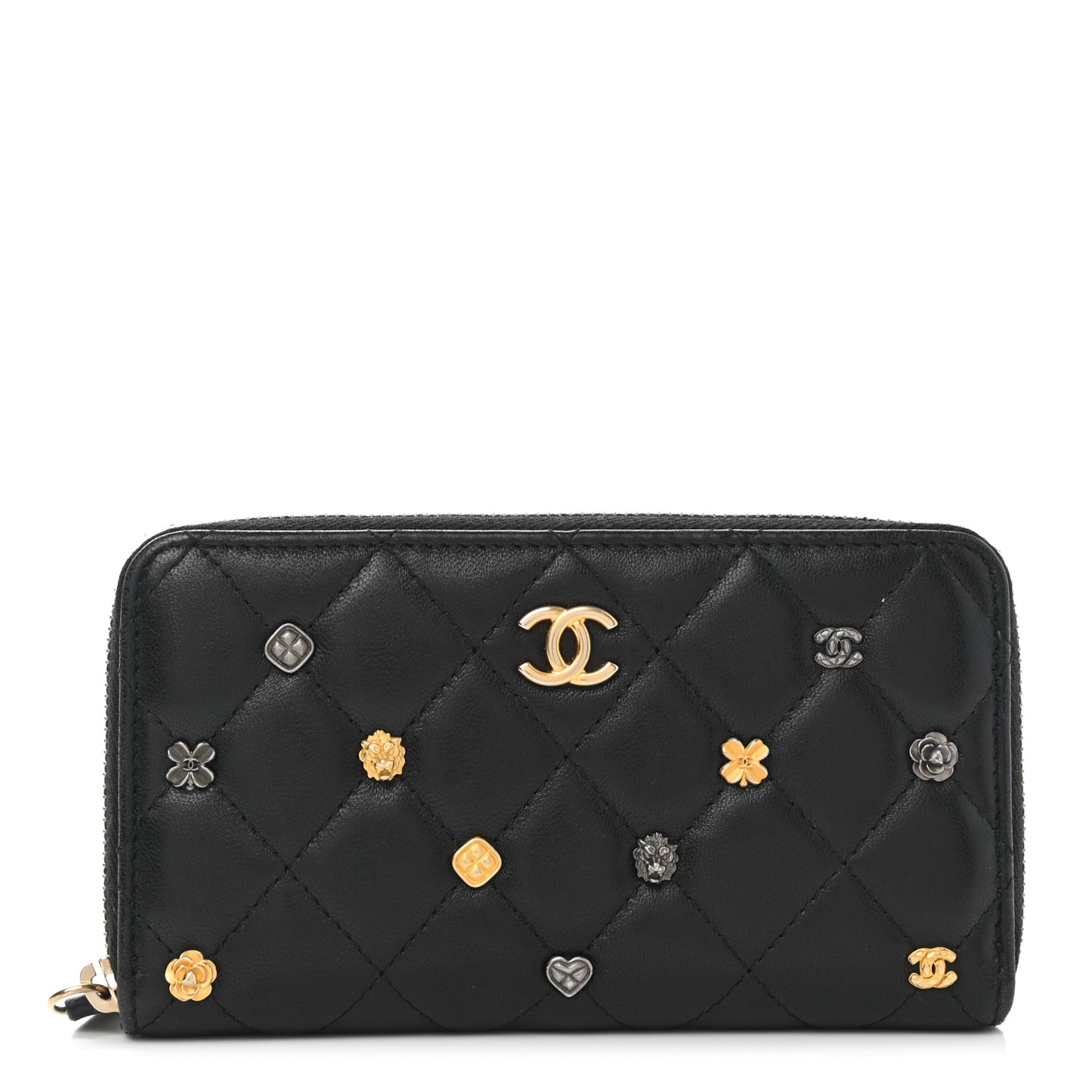 Lambskin Quilted Small Lucky Charms Zip Around Wallet Black