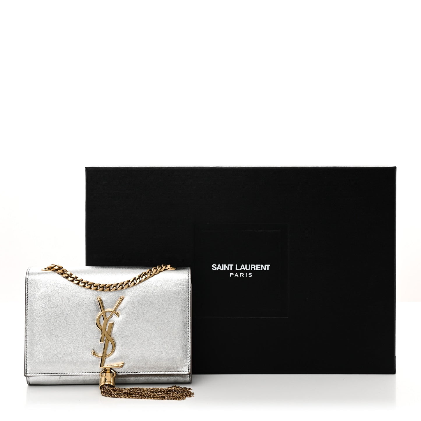Metallic Calfskin Small Classic Monogram Kate Tassel Satchel Silver