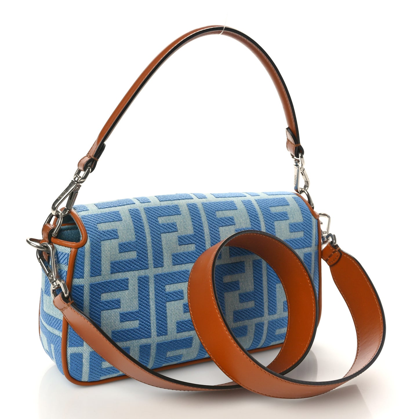 Denim Vitello King FF Embroidered Baguette Denim Chiaro Brandy