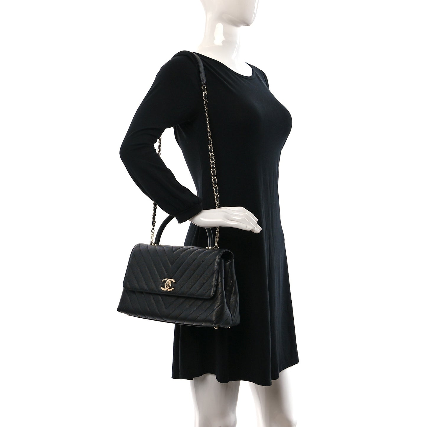 Caviar Chevron Quilted Small Coco Handle Flap Black