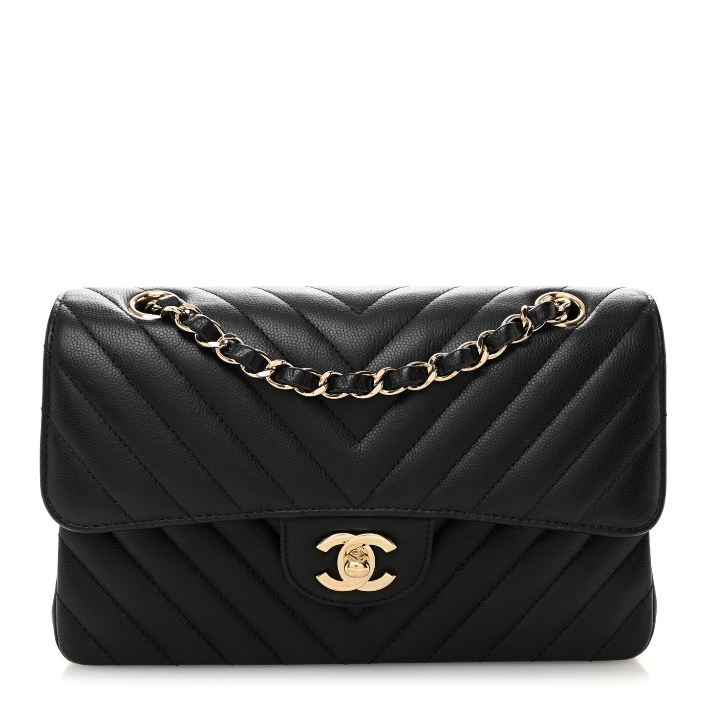 Caviar Flat Chevron Quilted Small Double Flap Black
