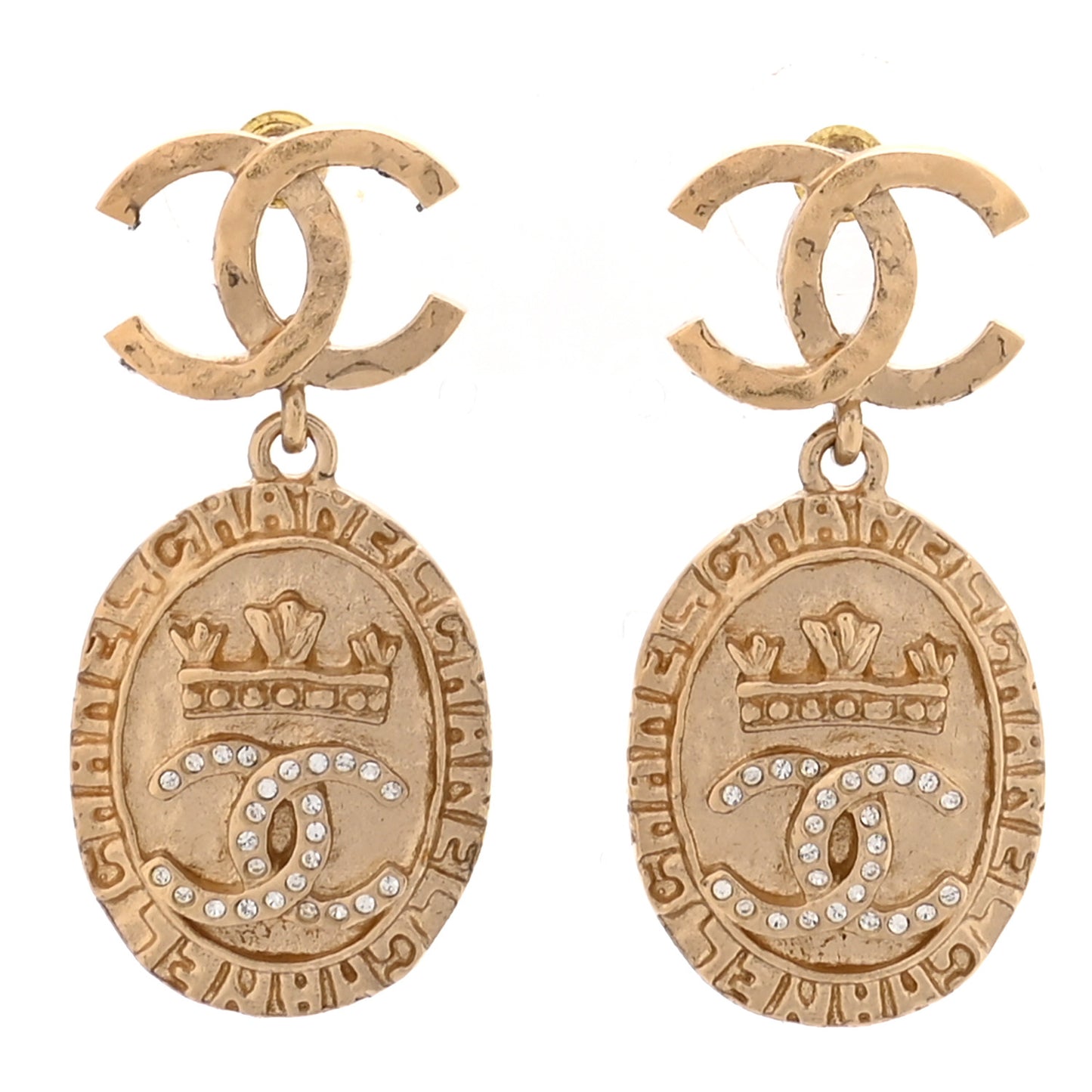 Crystal CC Medallion Drop Earrings Gold