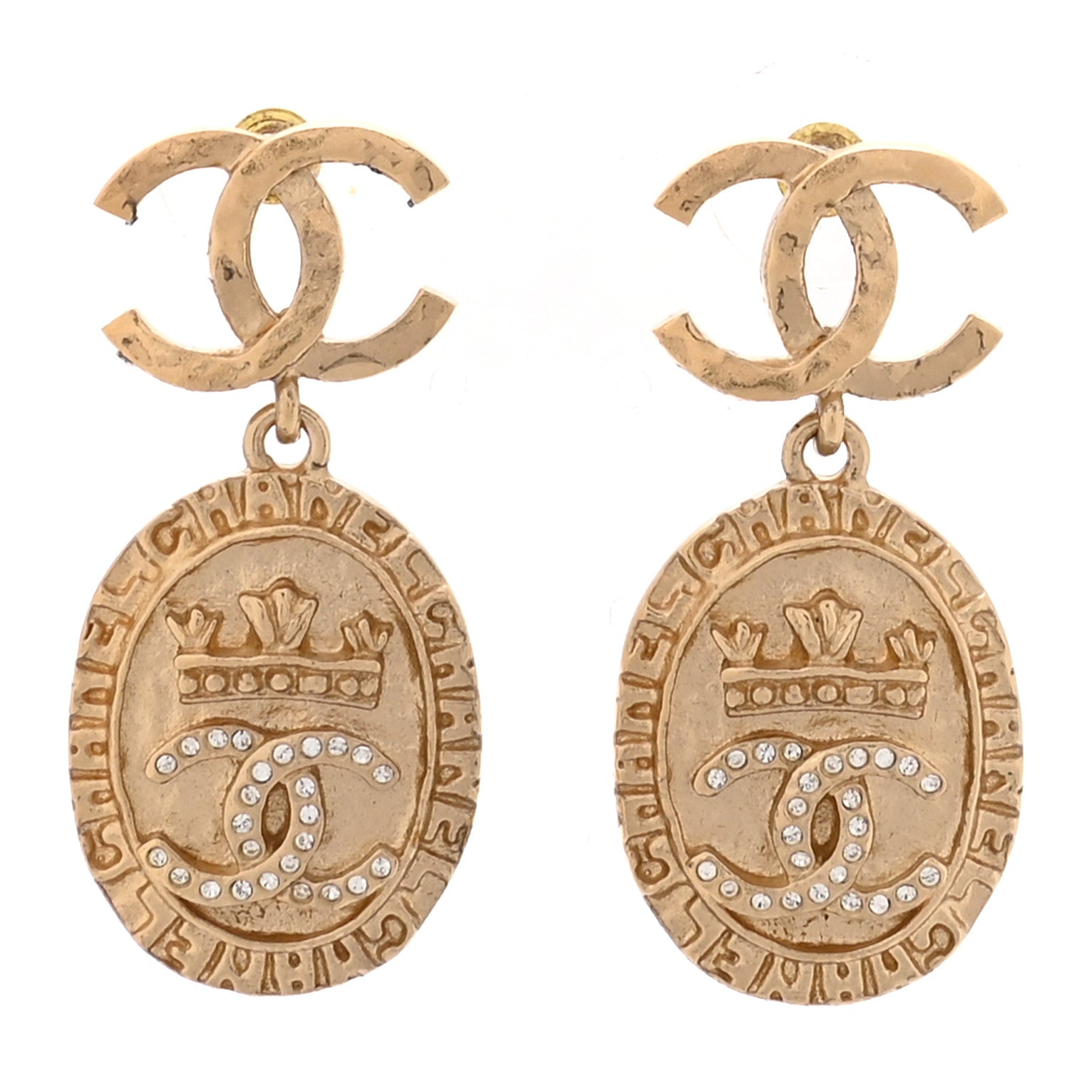Chanel Crystal CC Medallion Drop Earrings Gold 1 of 5