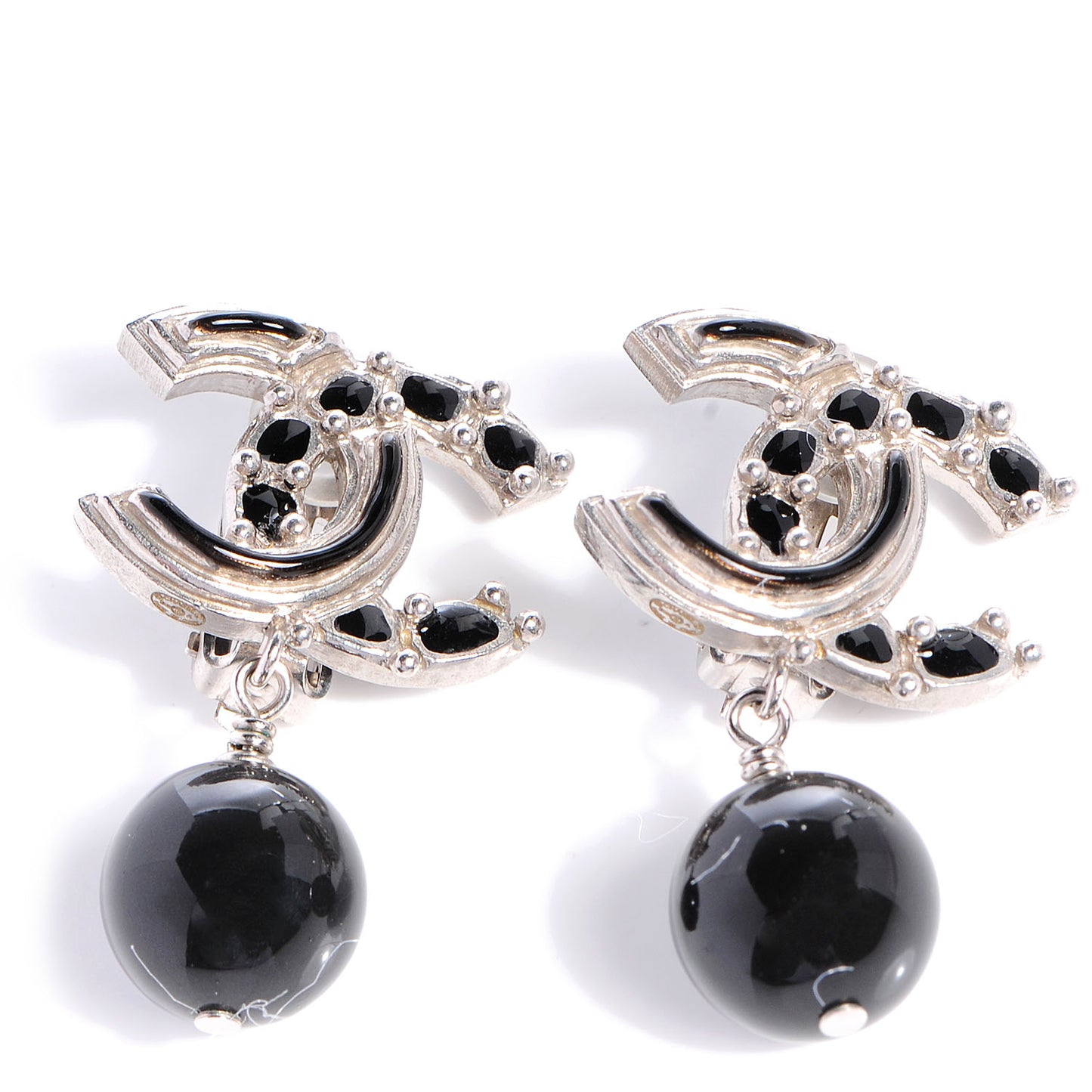 Enamel CC Drop Clip On Earrings Black