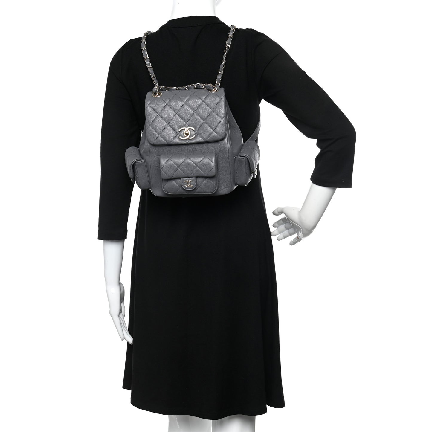 Shiny Caviar Quilted Pockets Drawstring Backpack Grey