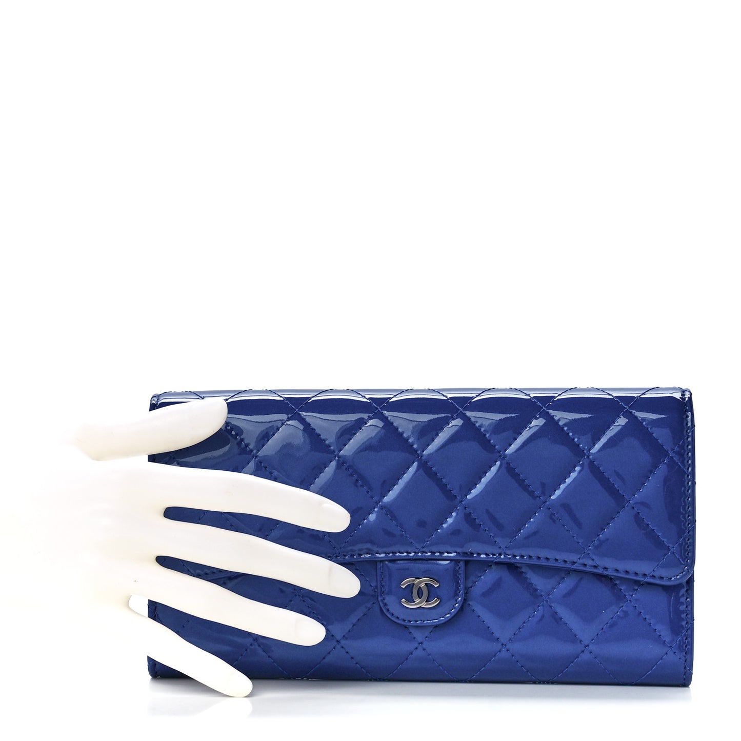 Patent Calfskin Quilted Flap Clutch Wallet Blue