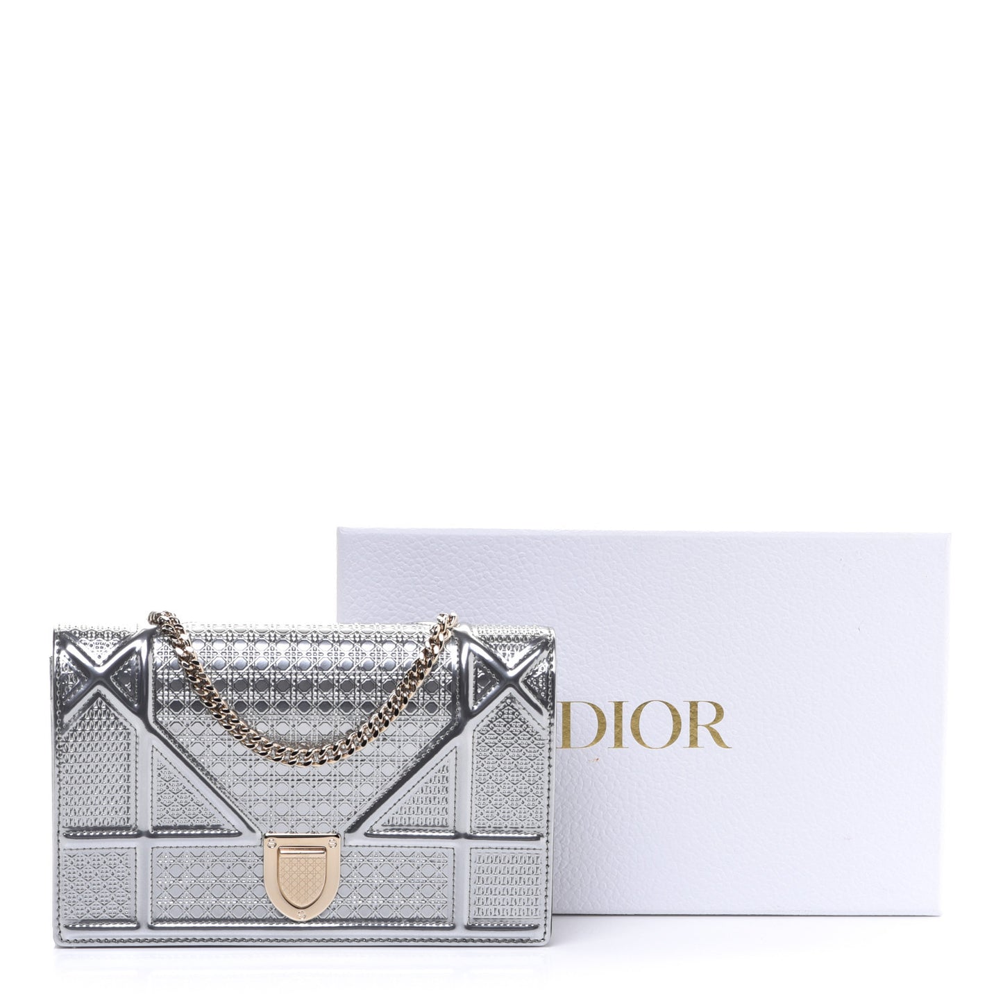 Metallic Patent Micro-Cannage Diorama Wallet on Chain Pouch Silver