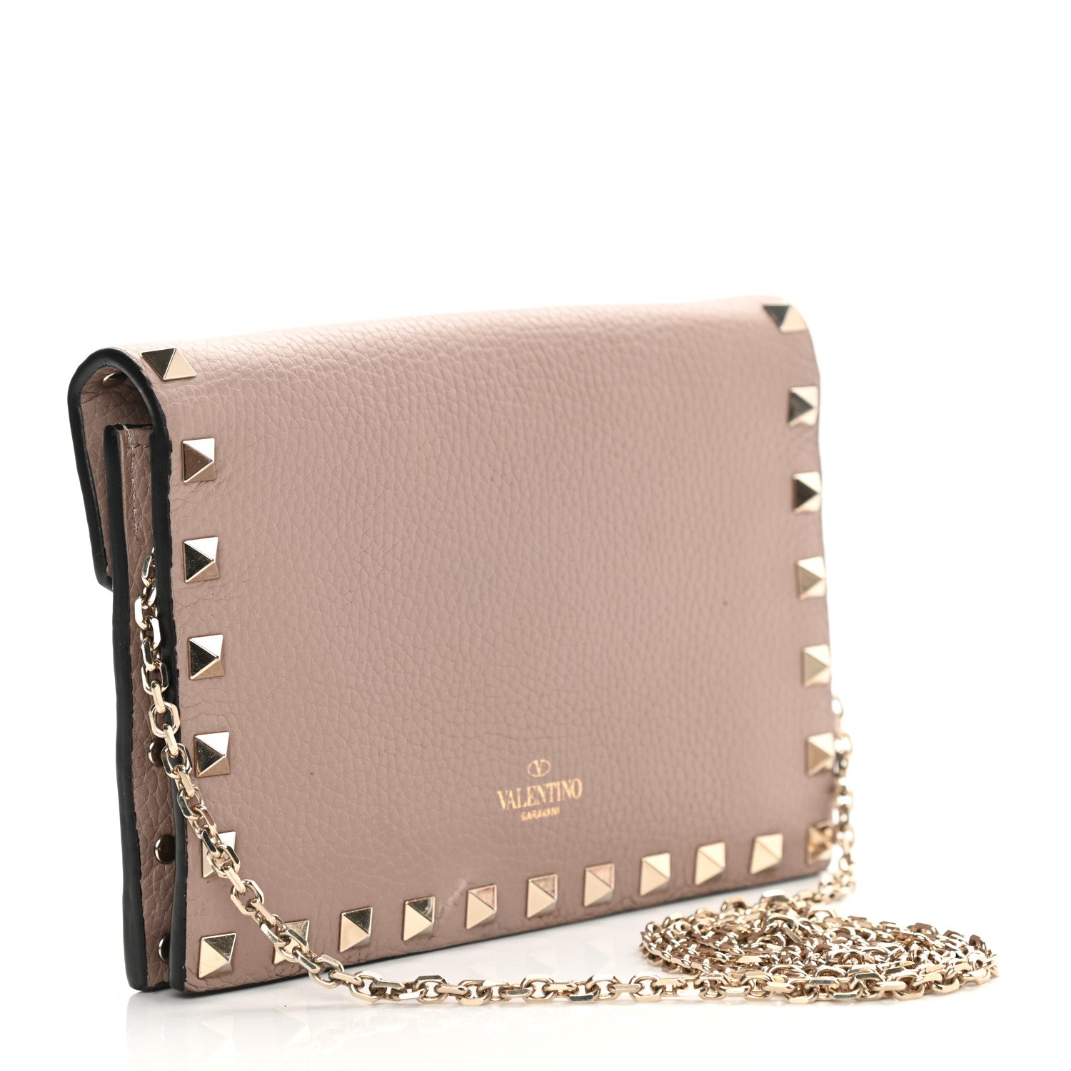 Valentino Garavani Pebbled Calfskin Rockstud Envelope Wallet on Chain Poudre 3 of 13