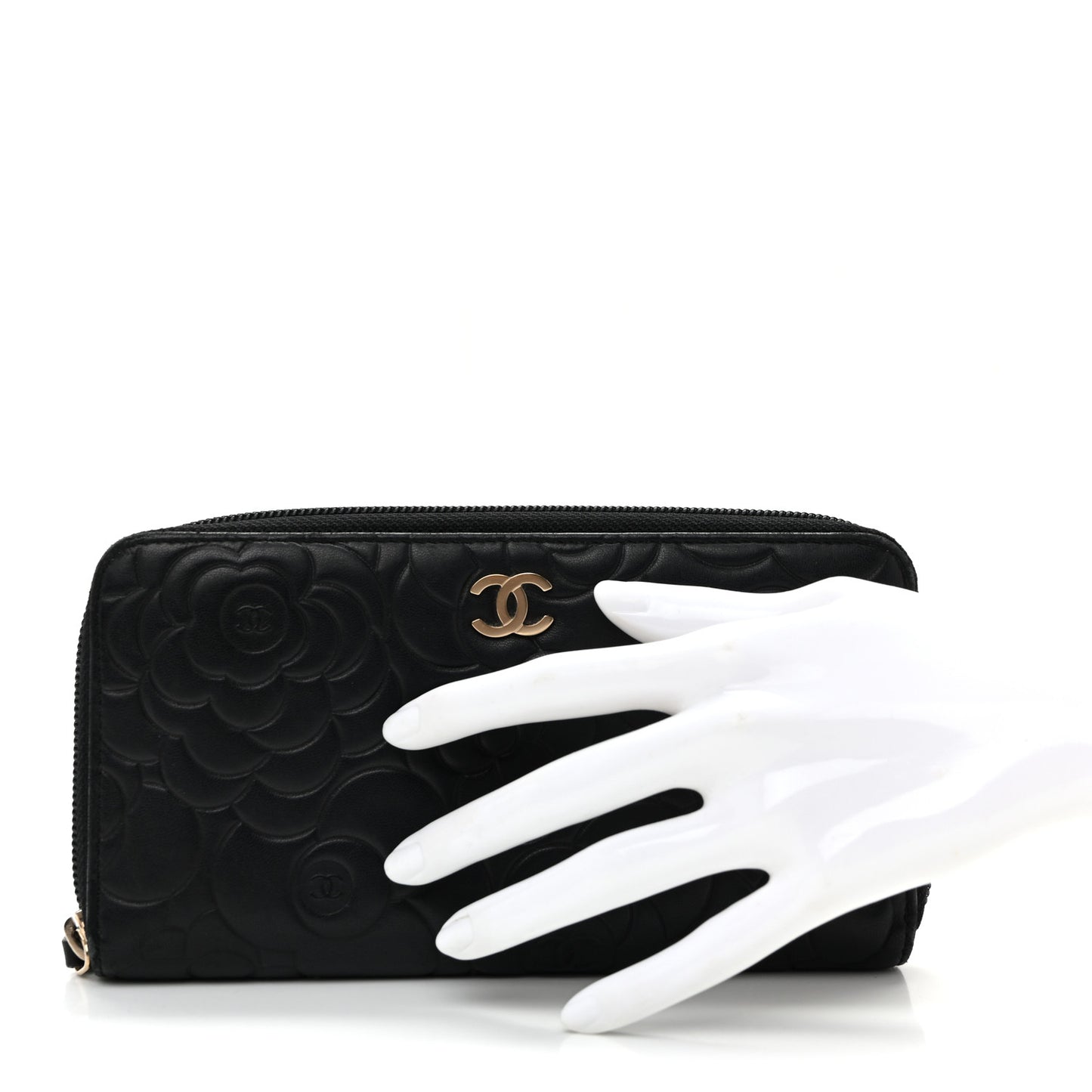 Lambskin Camellia Embossed Large Zip Around Gusset Wallet Black