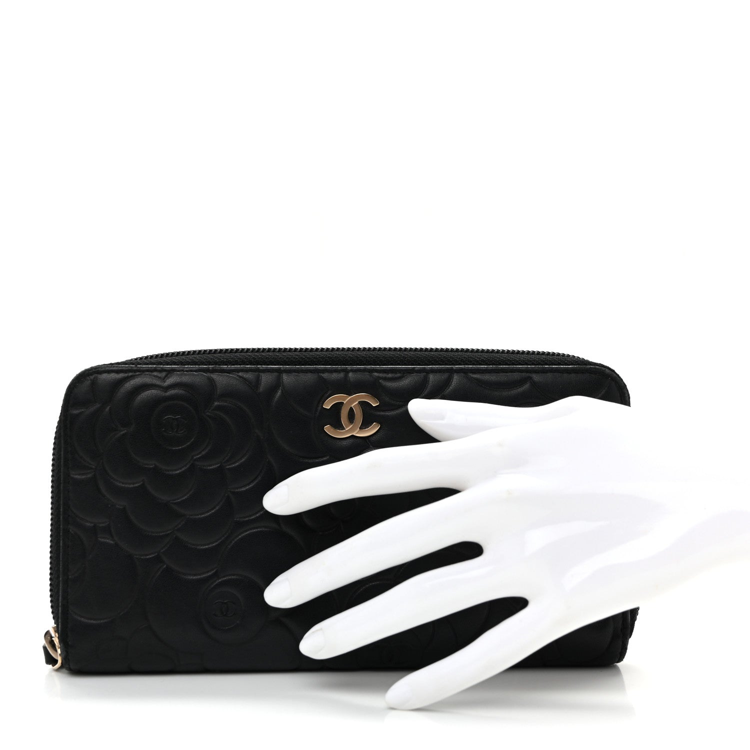 Chanel Lambskin Camellia Embossed Large Zip Around Gusset Wallet Black 2 of 11