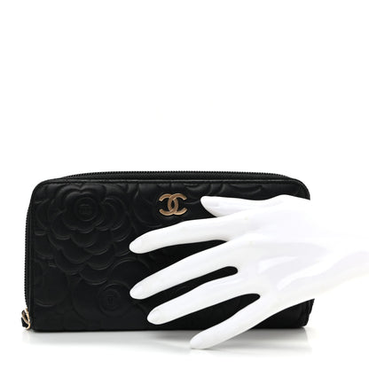 Chanel Lambskin Camellia Embossed Large Zip Around Gusset Wallet Black 2 of 11