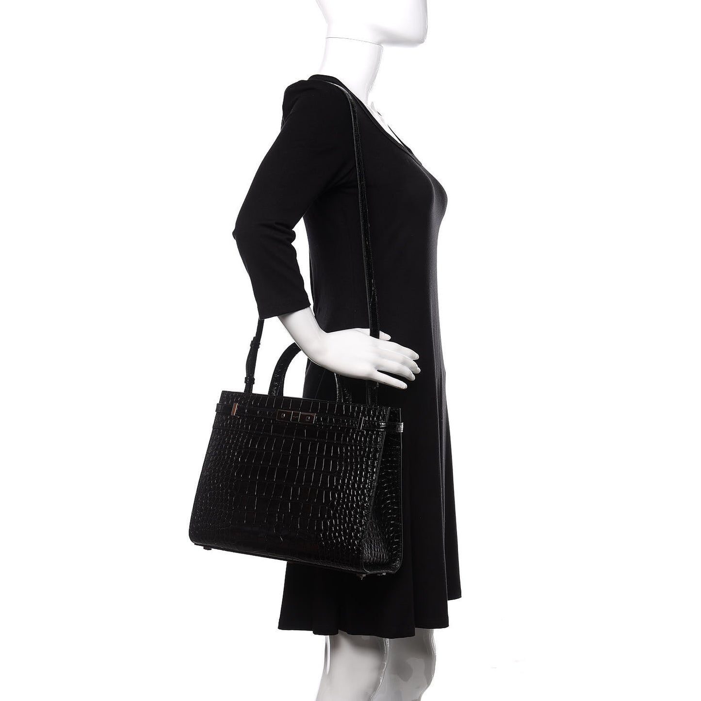 Shiny Calfskin Crocodile Embossed Small Manhattan Shopper Tote Black