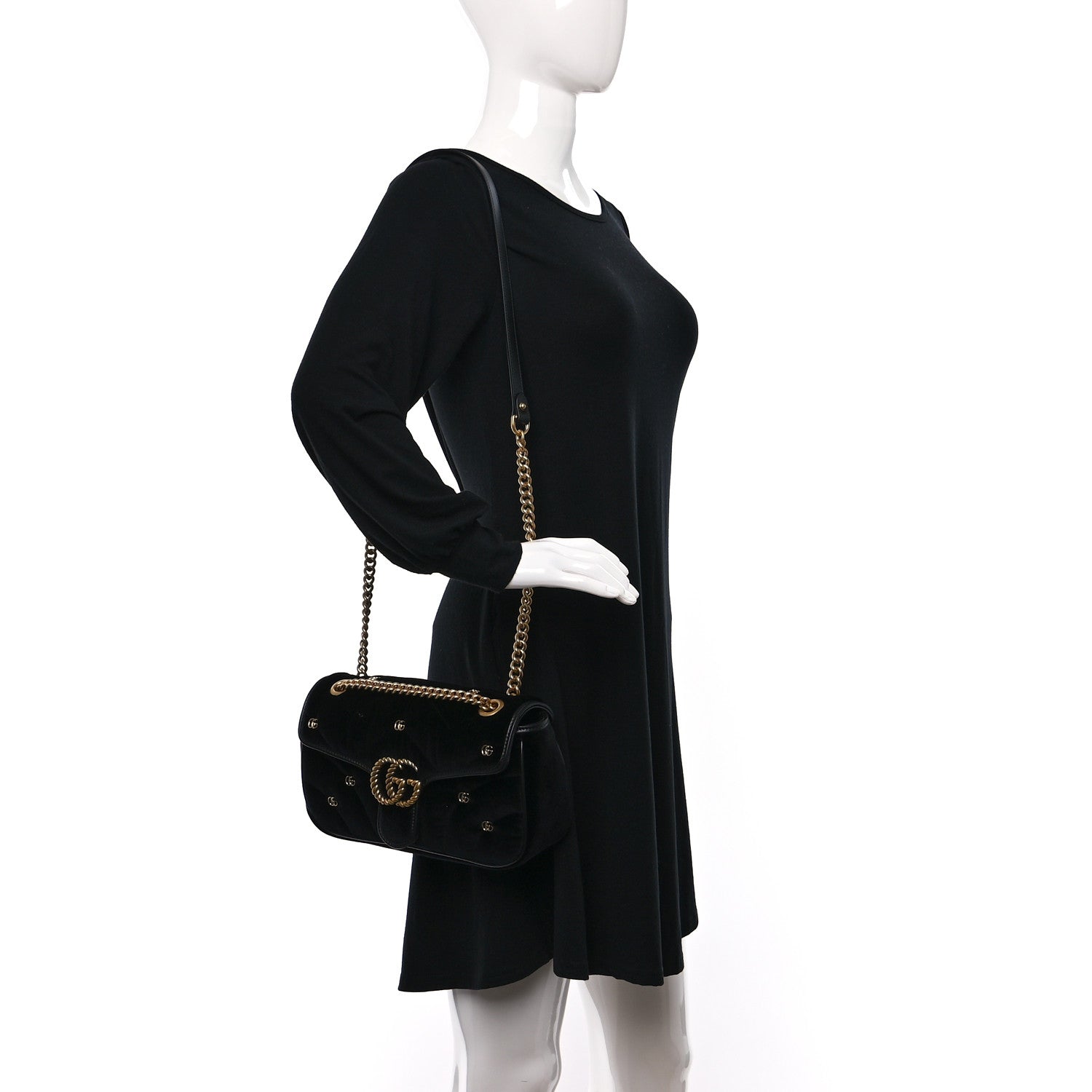 Gucci Velvet Matelasse Double G Studs Small Torchon GG Marmont Shoulder Bag Black 2 of 9