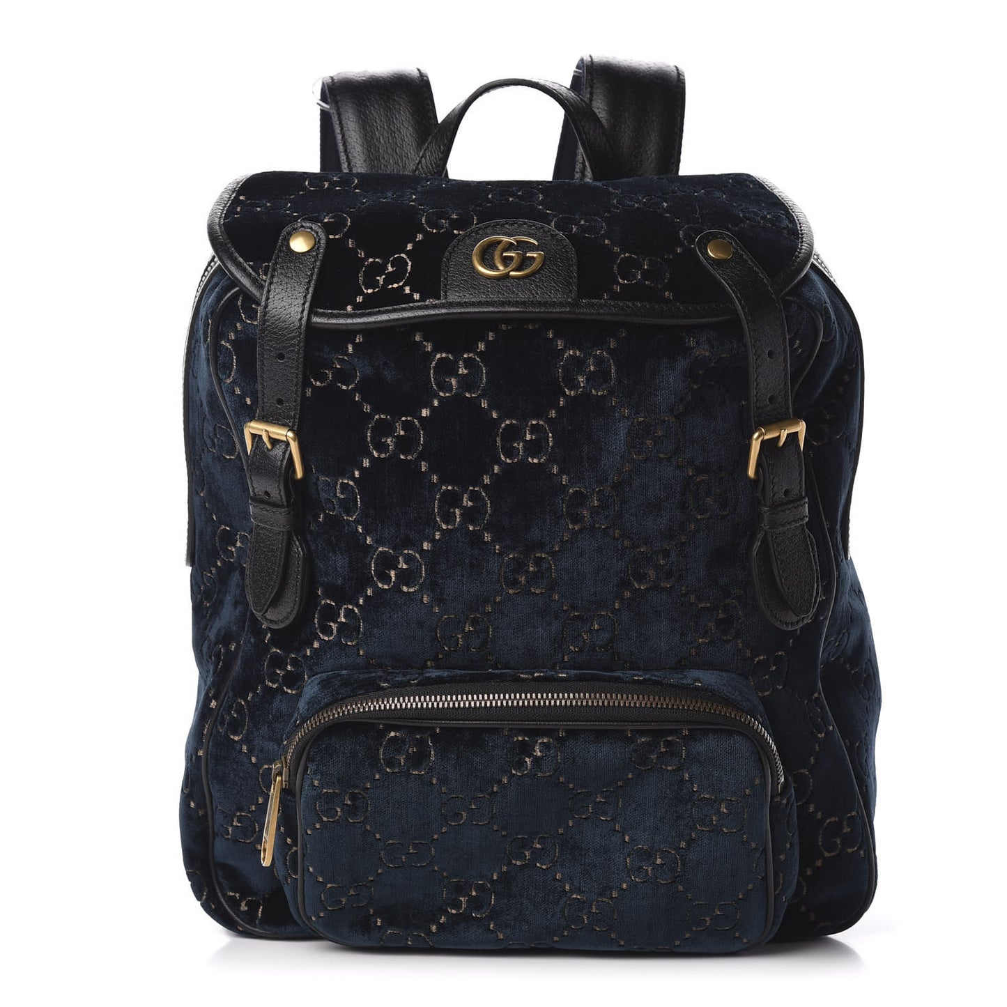 Velvet GG Monogram Textured Calfskin Web Small Double Buckle Backpack Blue Beige Black