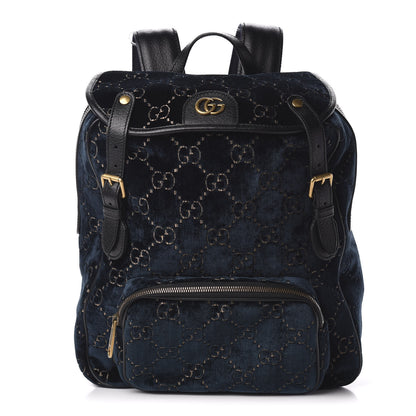 Gucci Velvet GG Monogram Textured Calfskin Web Small Double Buckle Backpack Blue Beige Black 1 of 9