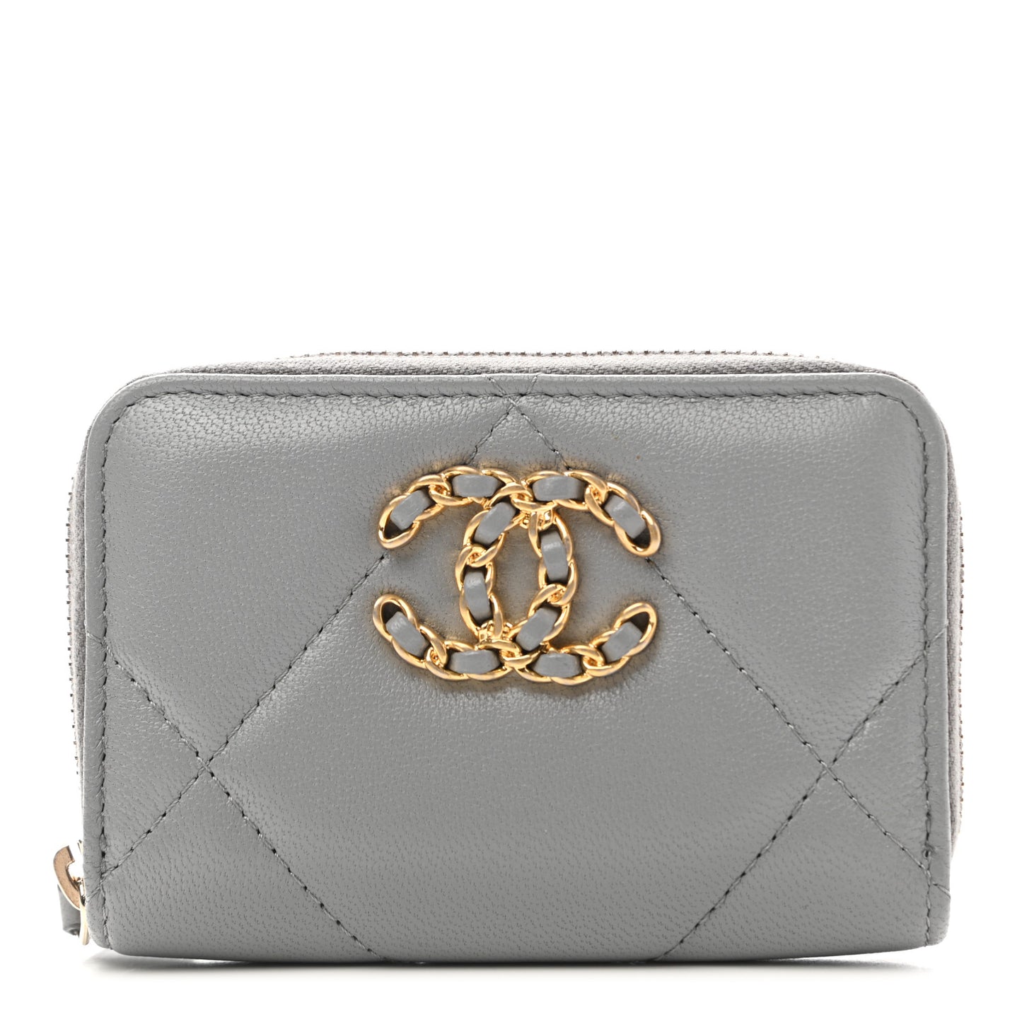 Lambskin Quilted Chanel 19 Zip Around Coin Purse Wallet Grey