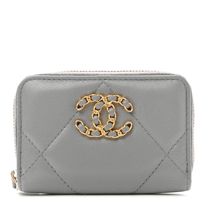 Chanel Lambskin Quilted Chanel 19 Zip Around Coin Purse Wallet Grey 1 of 8