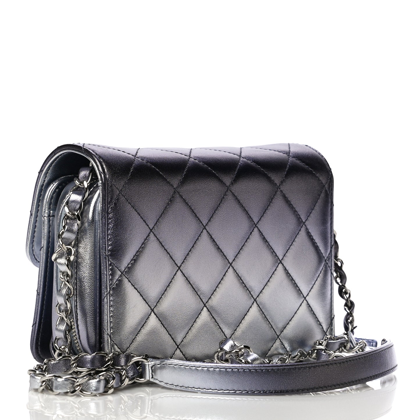 Metallic Lambskin Like A Wallet Flap Silvery Black