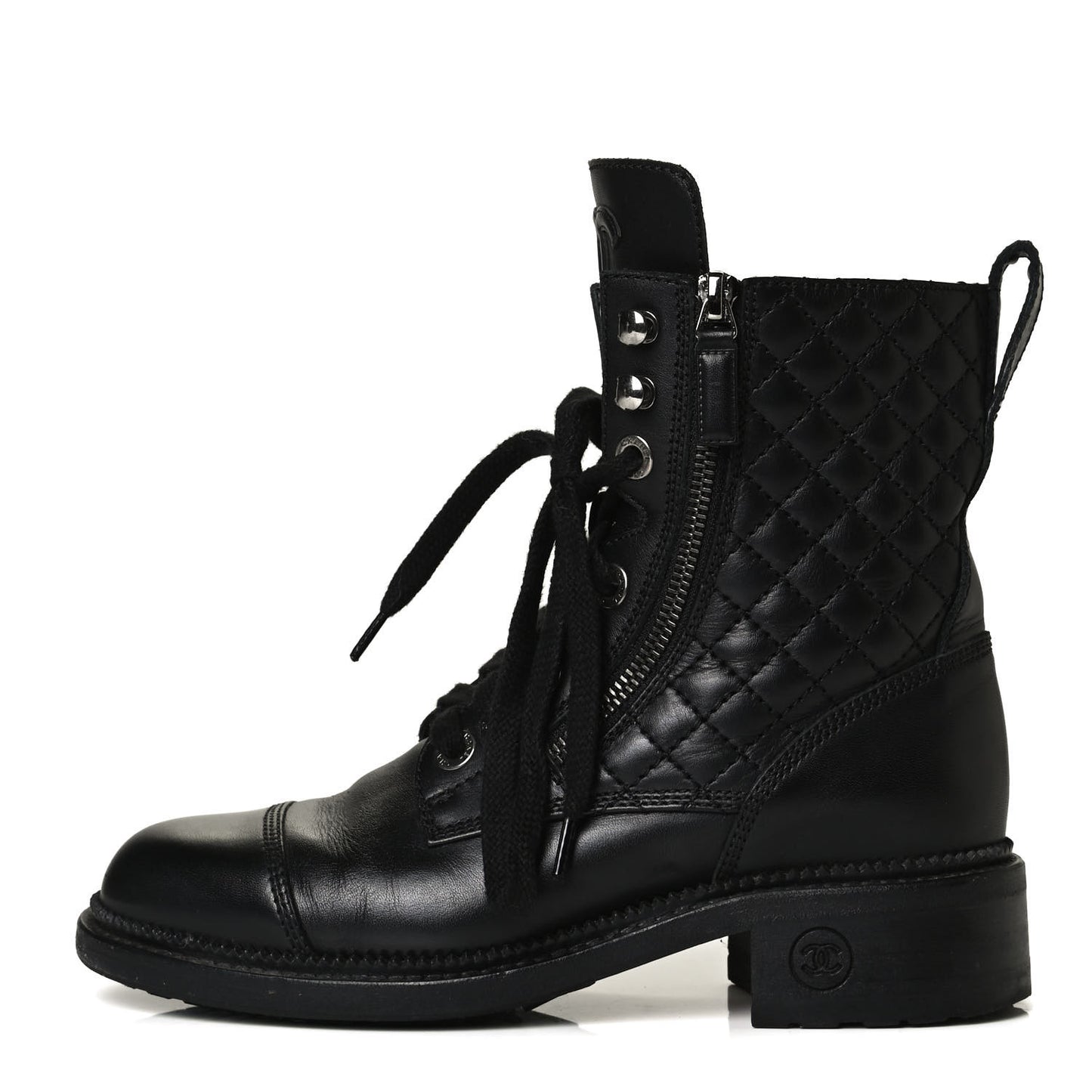 Calfskin Quilted Lace Up Combat Boots 36 Black