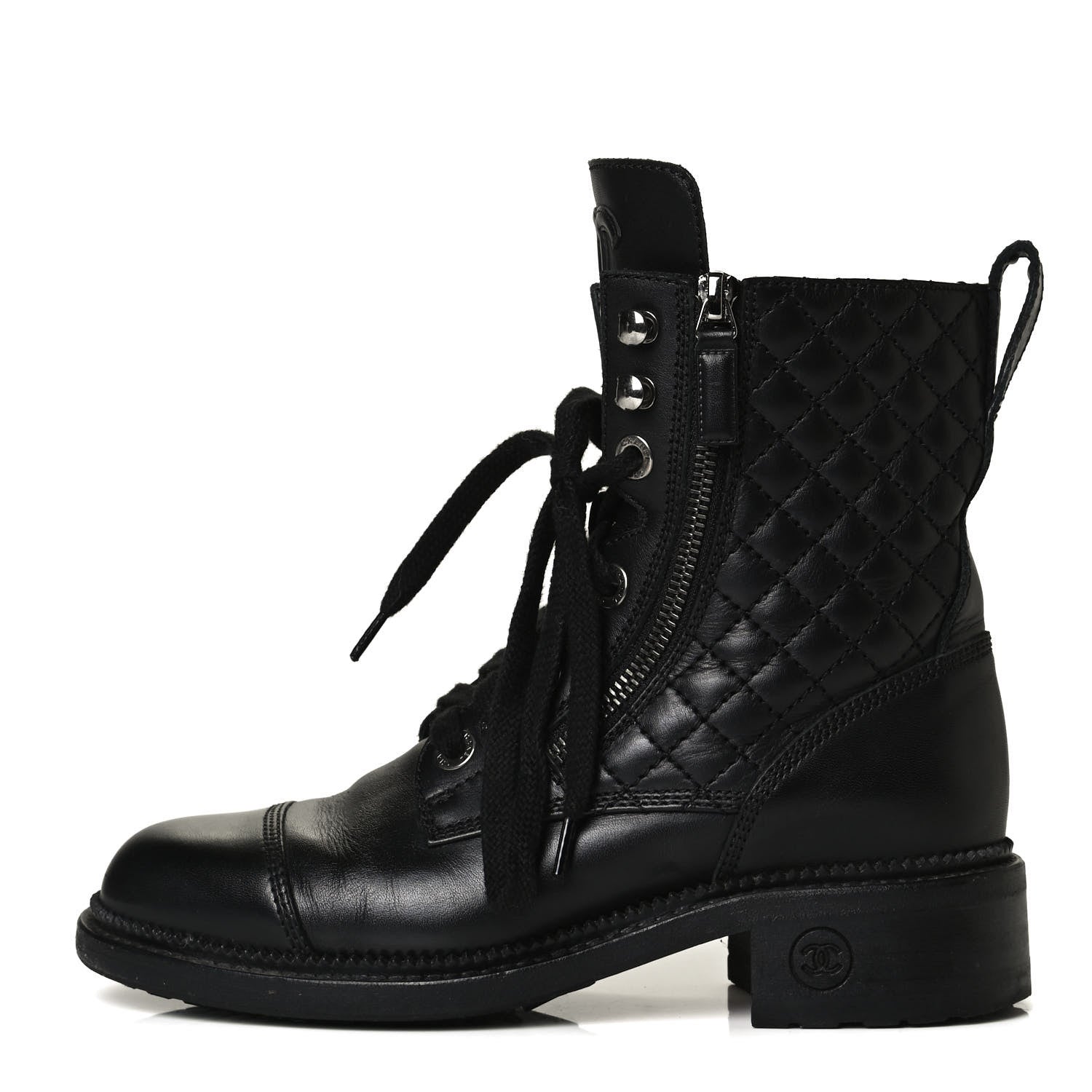 Chanel Calfskin Quilted Lace Up Combat Boots 36 Black 1 of 9