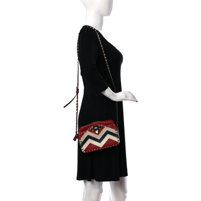 Valentino Garavani Calfskin Canvas Zig Zag Print Rockstud Flip Lock Camera Crossbody Bag Red Blue 2 of 11