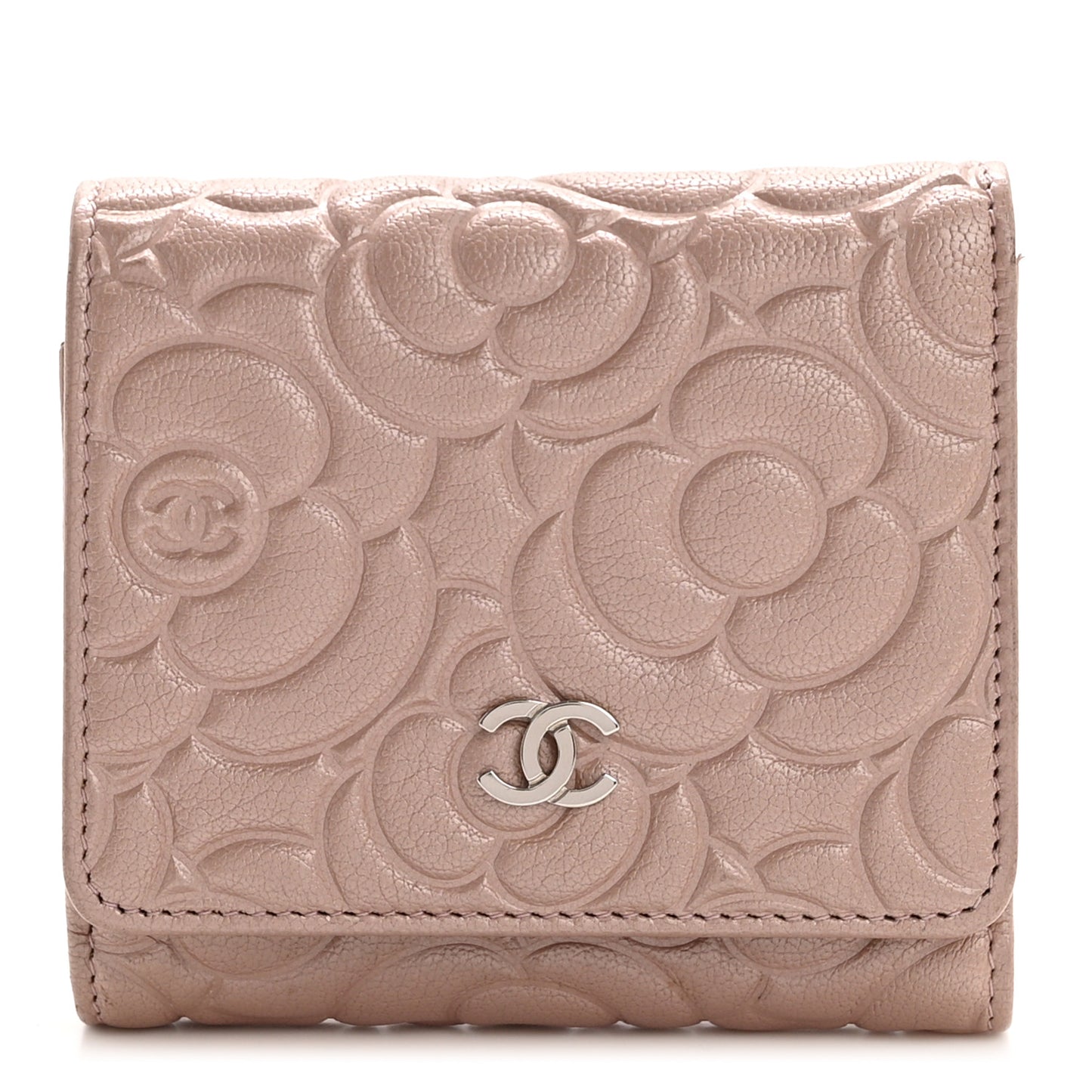 Goatskin Camellia Embossed Compact Wallet Pink