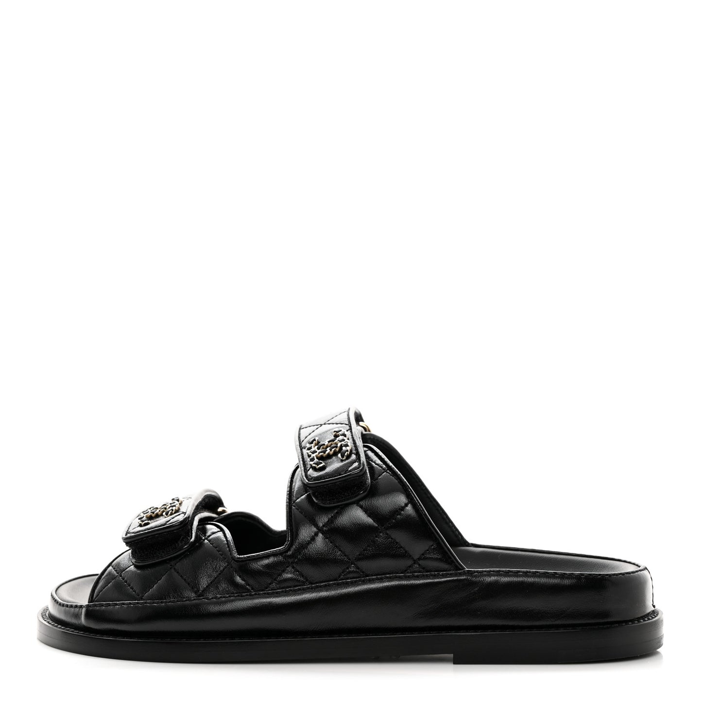 Lambskin Quilted Velcro Dad Chain CC Slide Sandals 36.5 Black
