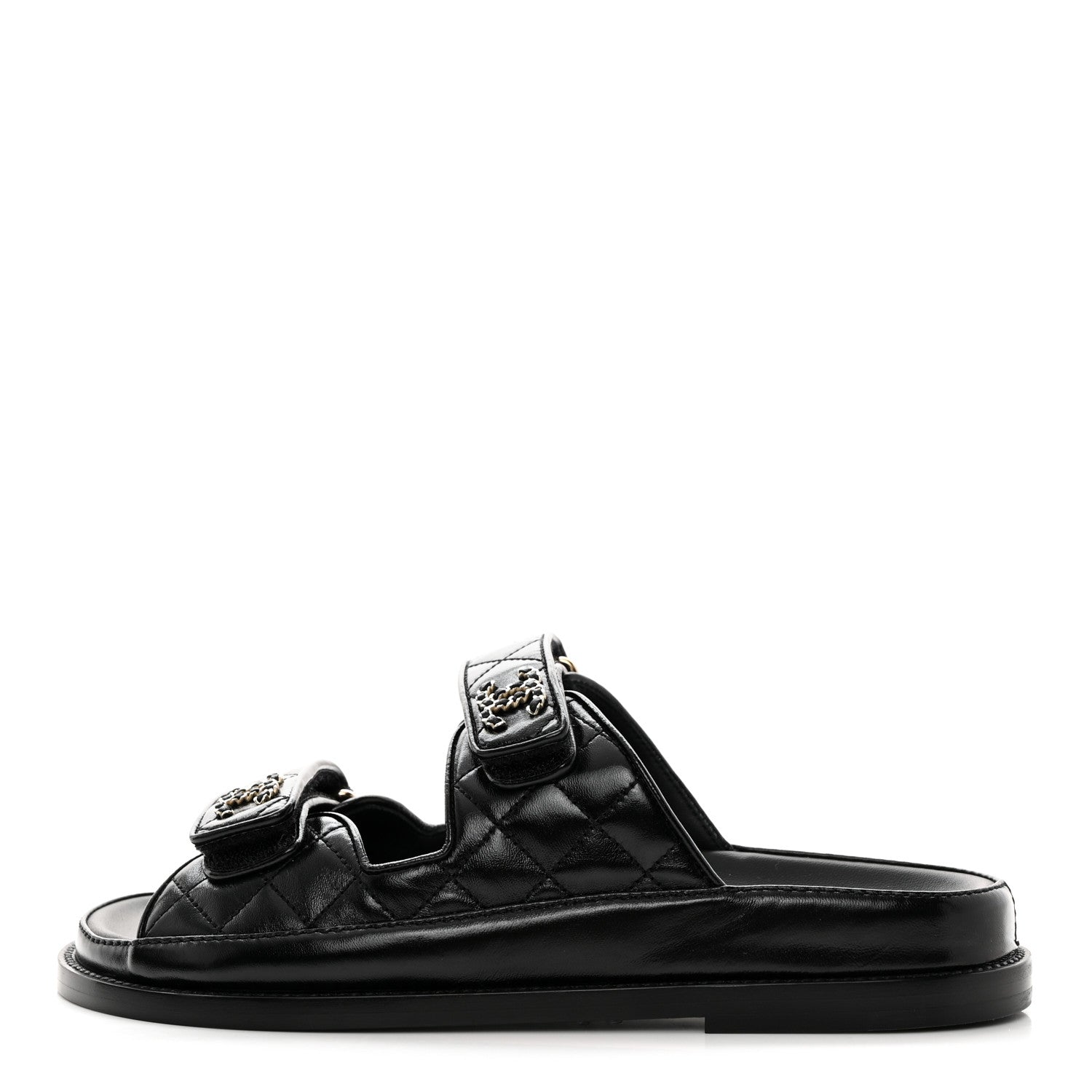 Chanel Lambskin Quilted Velcro Dad Chain CC Slide Sandals 36.5 Black 1 of 9