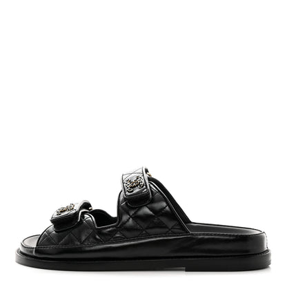 Chanel Lambskin Quilted Velcro Dad Chain CC Slide Sandals 36.5 Black 1 of 9