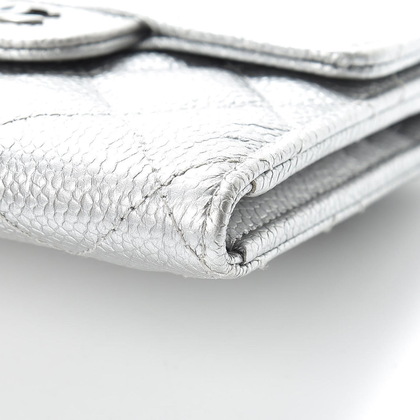 Metallic Caviar Quilted Compact Flap Wallet Silver