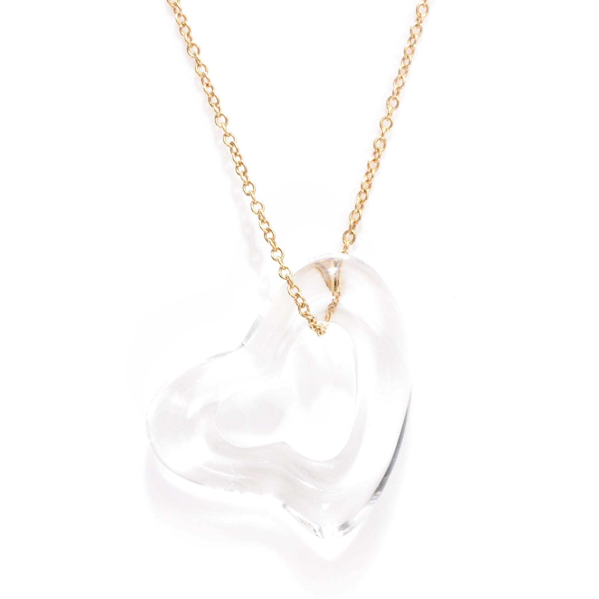 Tiffany 18K Yellow Gold Rock Crystal Quartz Elsa Peretti Open Heart Necklace 1 of 5