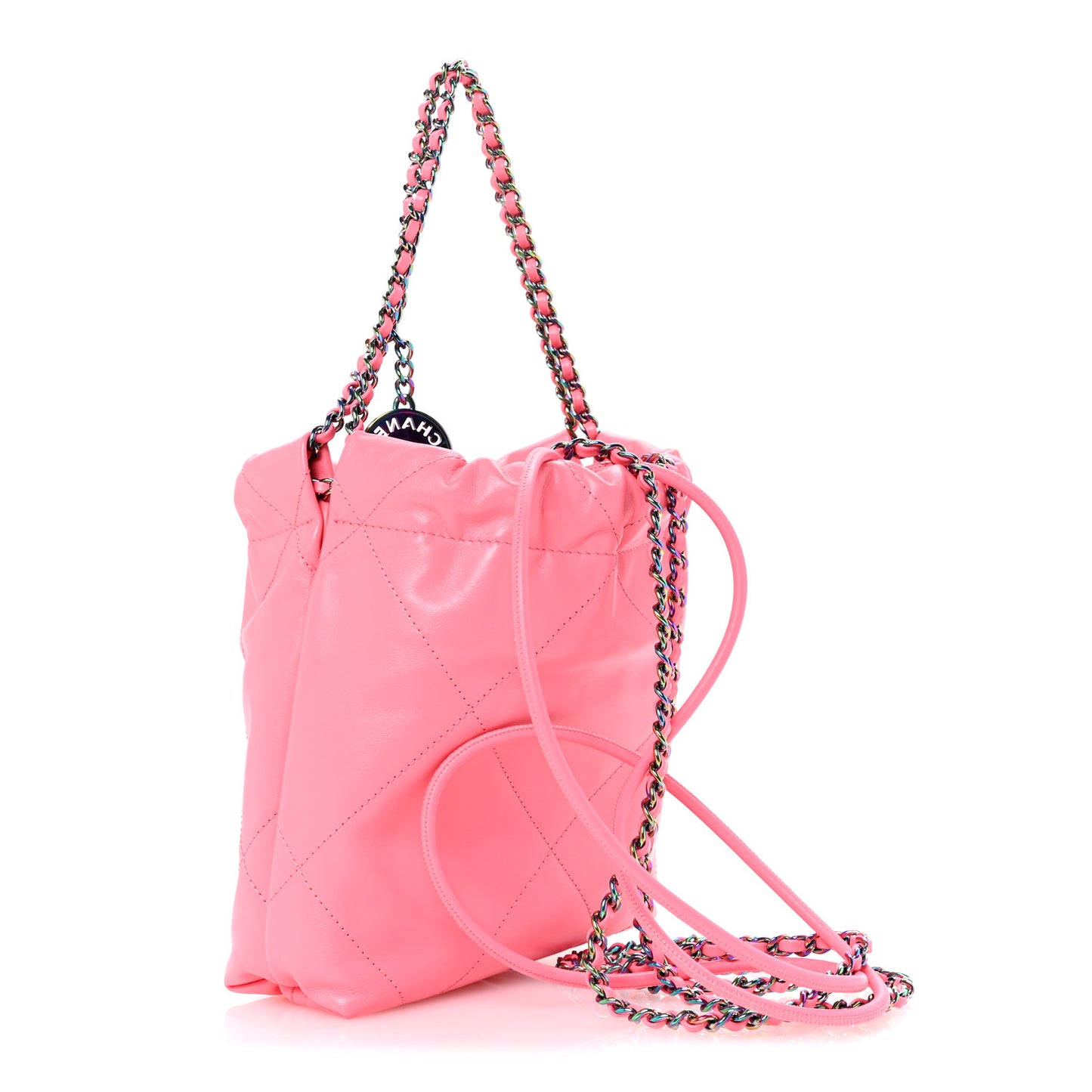 Shiny Calfskin Quilted Rainbow Metal Mini Chanel 22 Coral Pink