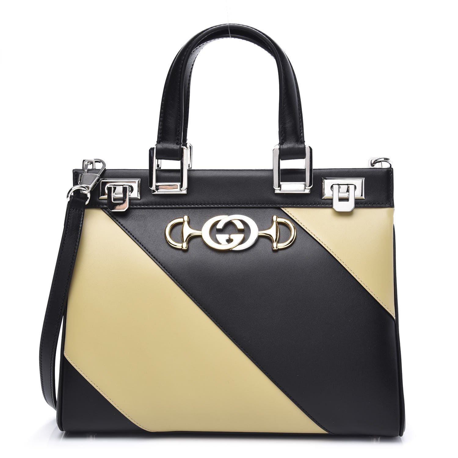 Gucci Smooth Calfskin Diagonal Striped Small Zumi Top Handle Bag Black Beige 1 of 11