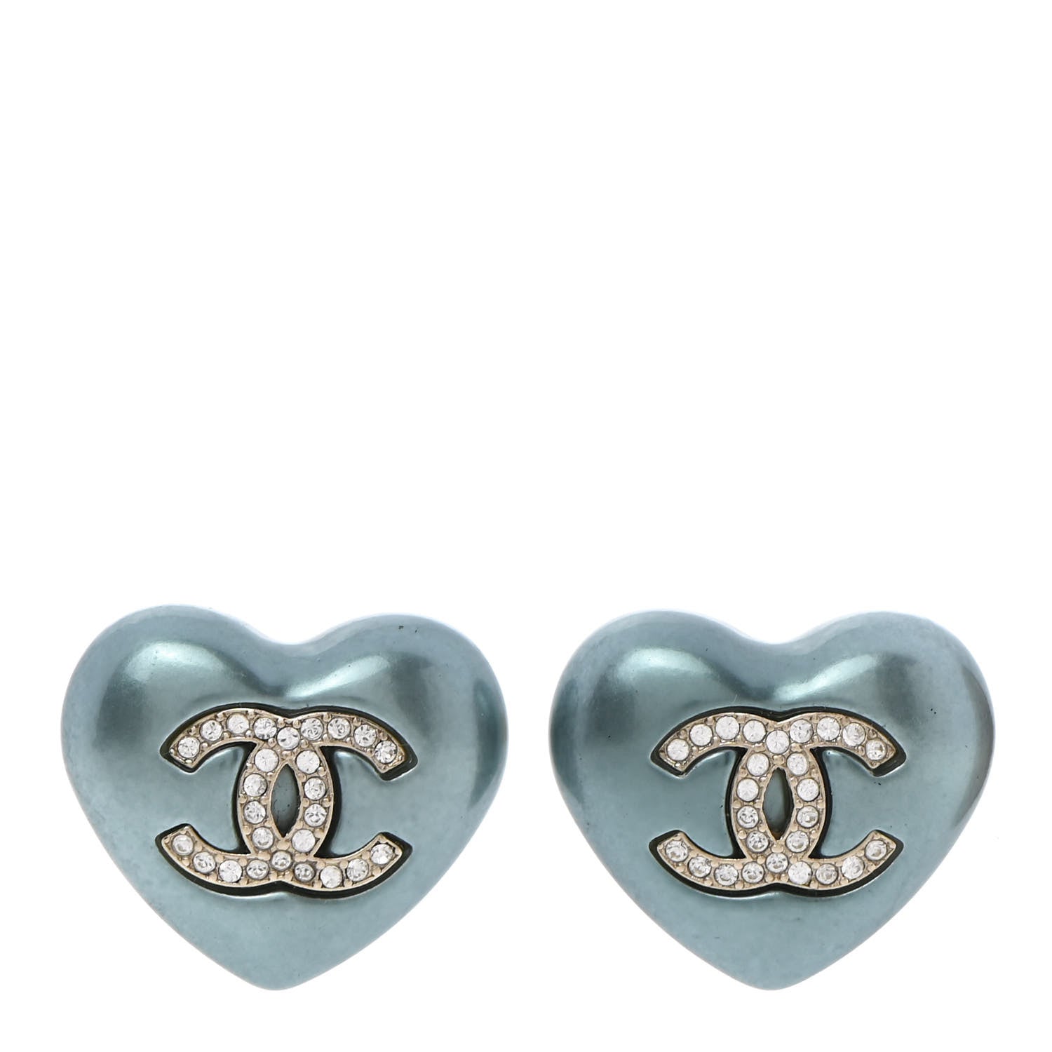 Chanel Pearl Crystal CC Heart Earrings Blue Gold 1 of 5