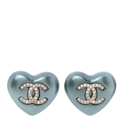 Chanel Pearl Crystal CC Heart Earrings Blue Gold 1 of 5