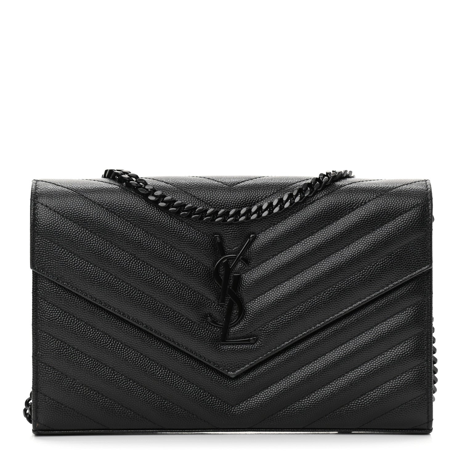 Saint Laurent Grain De Poudre Matelasse Chevron Monogram Chain Wallet Black 1 of 11