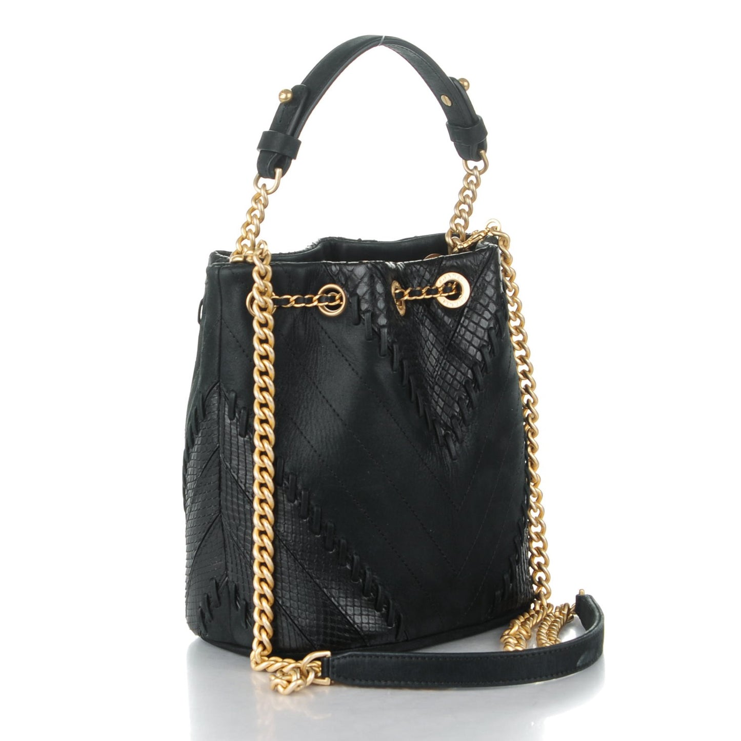 Iridescent Calfskin Python Patchwork Chevron Drawstring Bag Black