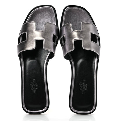 Hermes Metallic Nappa Oran Sandals 36 Gris Argente 2 of 10