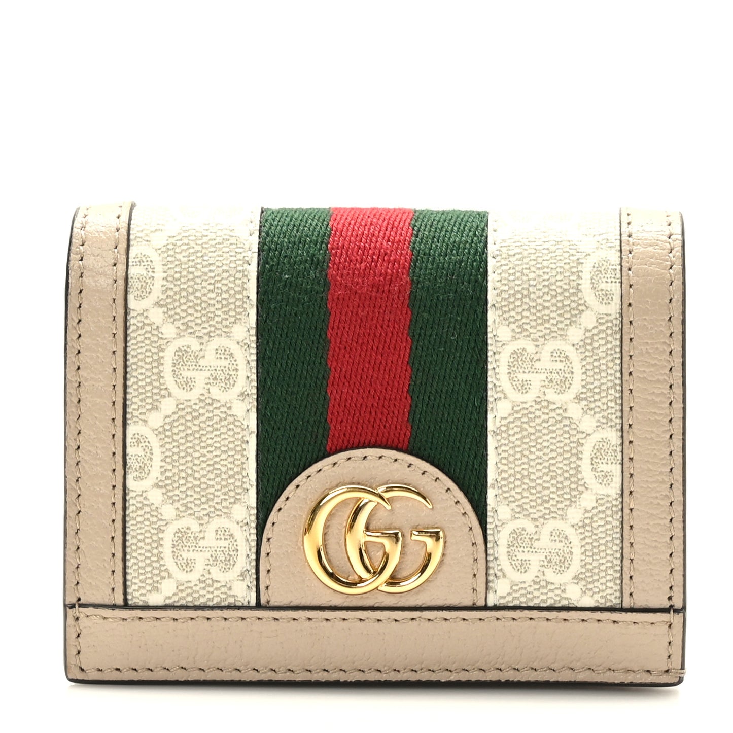 GG Supreme Monogram Textured Dollar Calfskin Web Ophidia Card Case Beige Mystic White Oatmeal