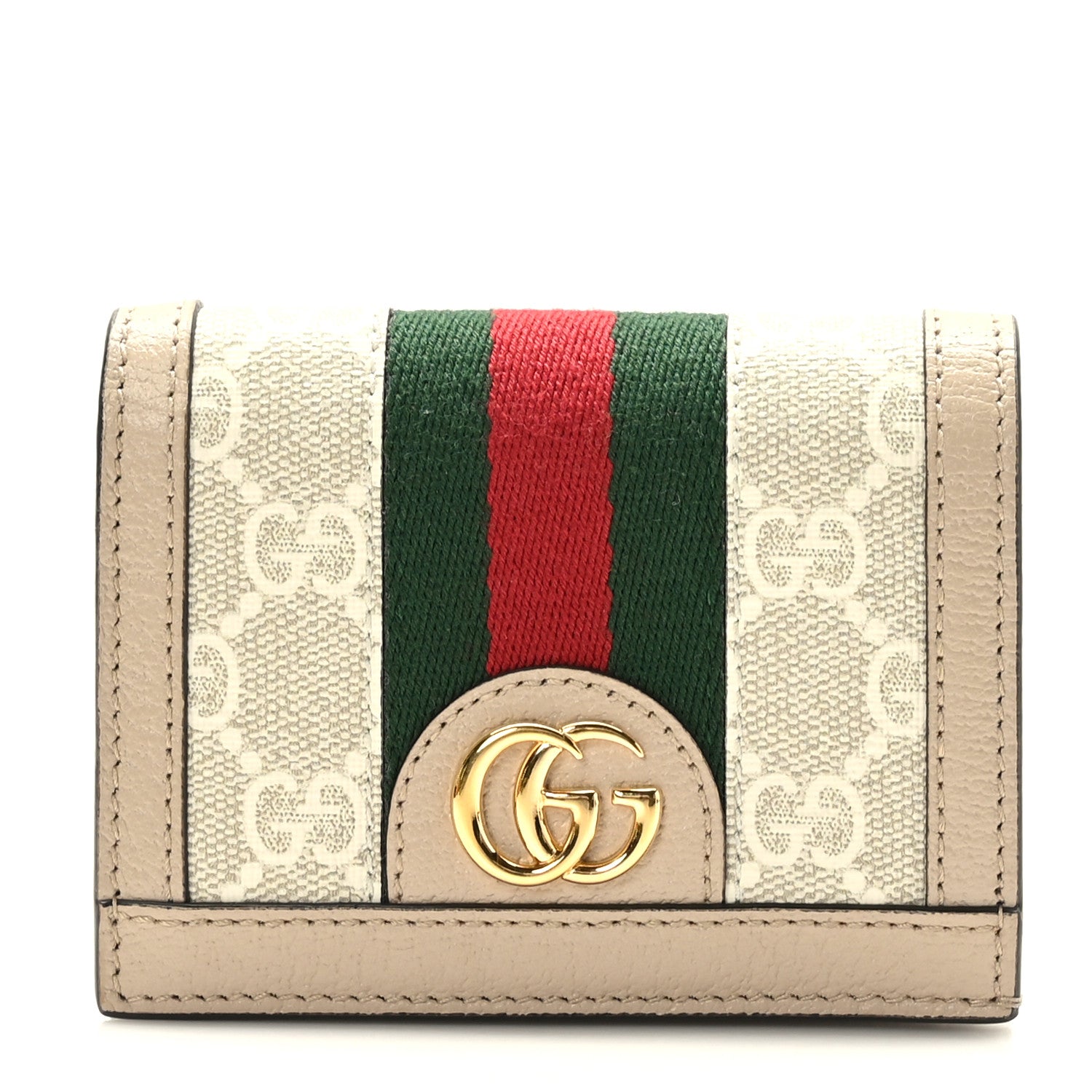 Gucci GG Supreme Monogram Textured Dollar Calfskin Web Ophidia Card Case Beige Mystic White Oatmeal 1 of 9
