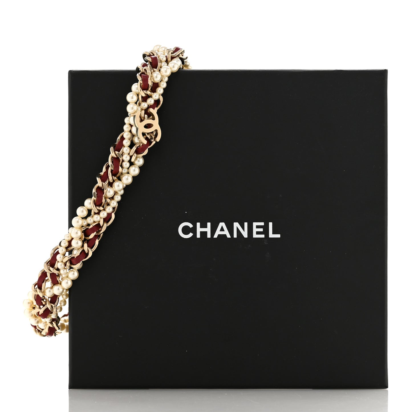 Pearl Lambskin CC Multi Strand Chain Choker Necklace Red