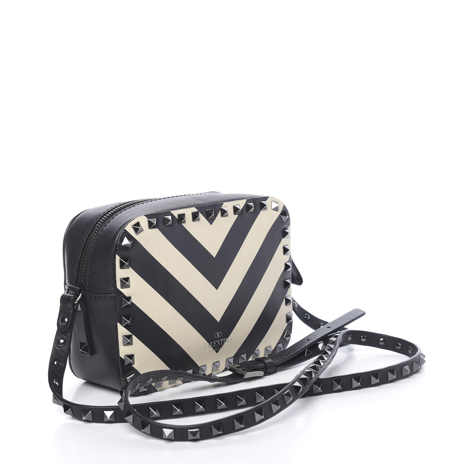 Valentino Garavani Vitello Chevron Rockstud Camera Crossbody Bag Light Ivory Black 3 of 10