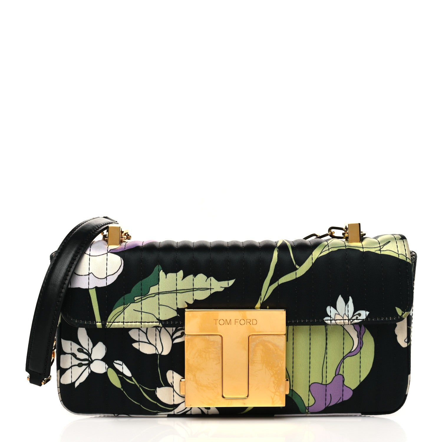 Tom Ford Satin Floral Medium T Clasp Chain Bag Black Multicolor 1 of 6