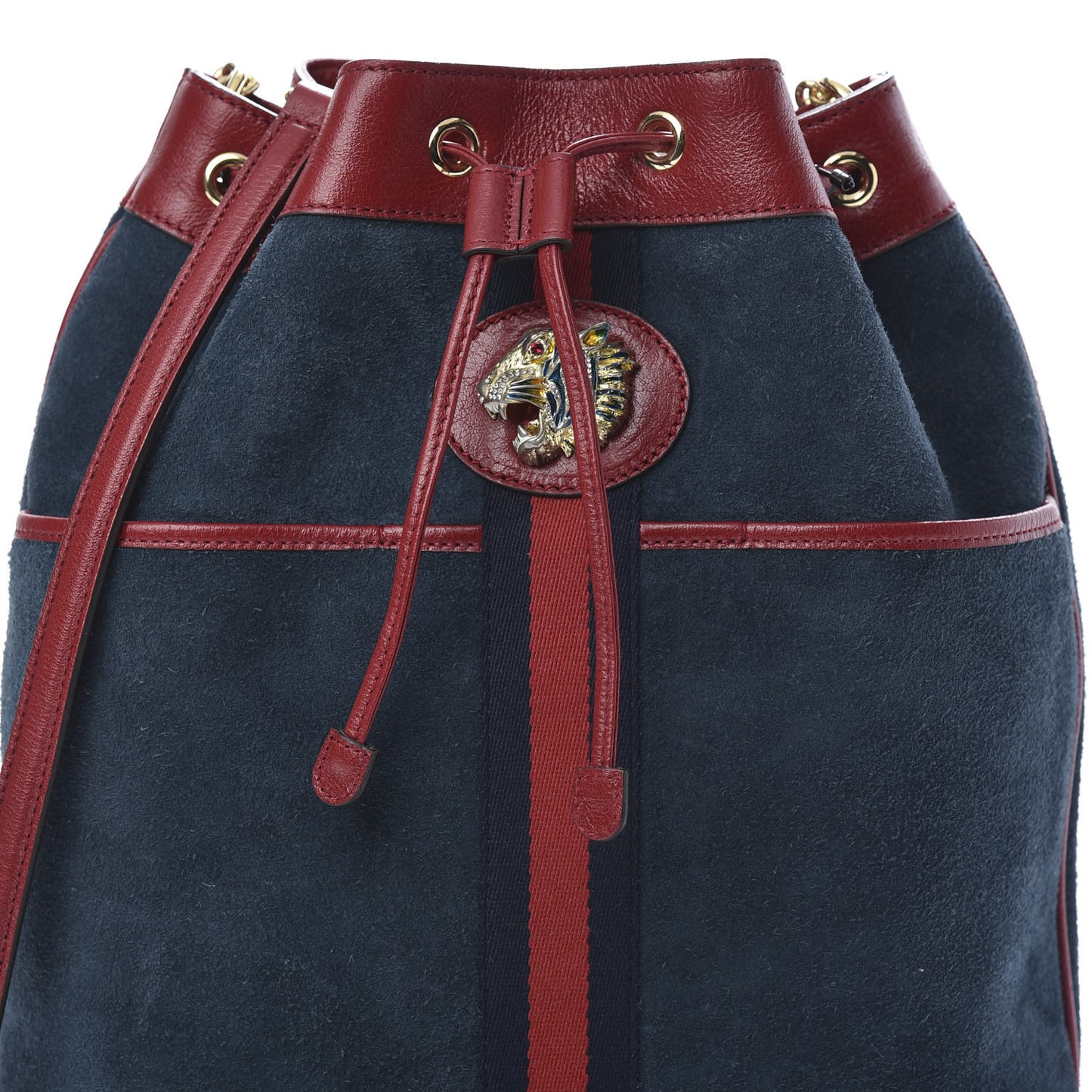 Suede Calfskin Web Medium Rajah Bucket Bag New Blue Romantic Cherry