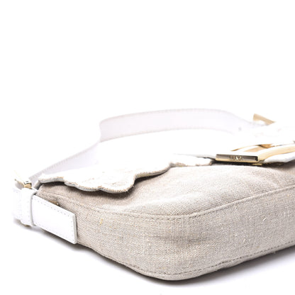 Fendi Linen Embroidered Baguette Beige White 8 of 11