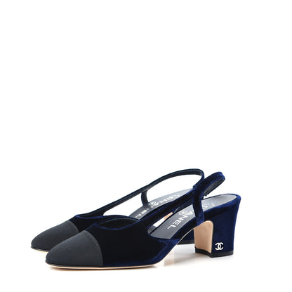 Chanel Velvet Grosgrain Cap Toe CC Slingback Pumps 35.5 Blue Black 3 of 11