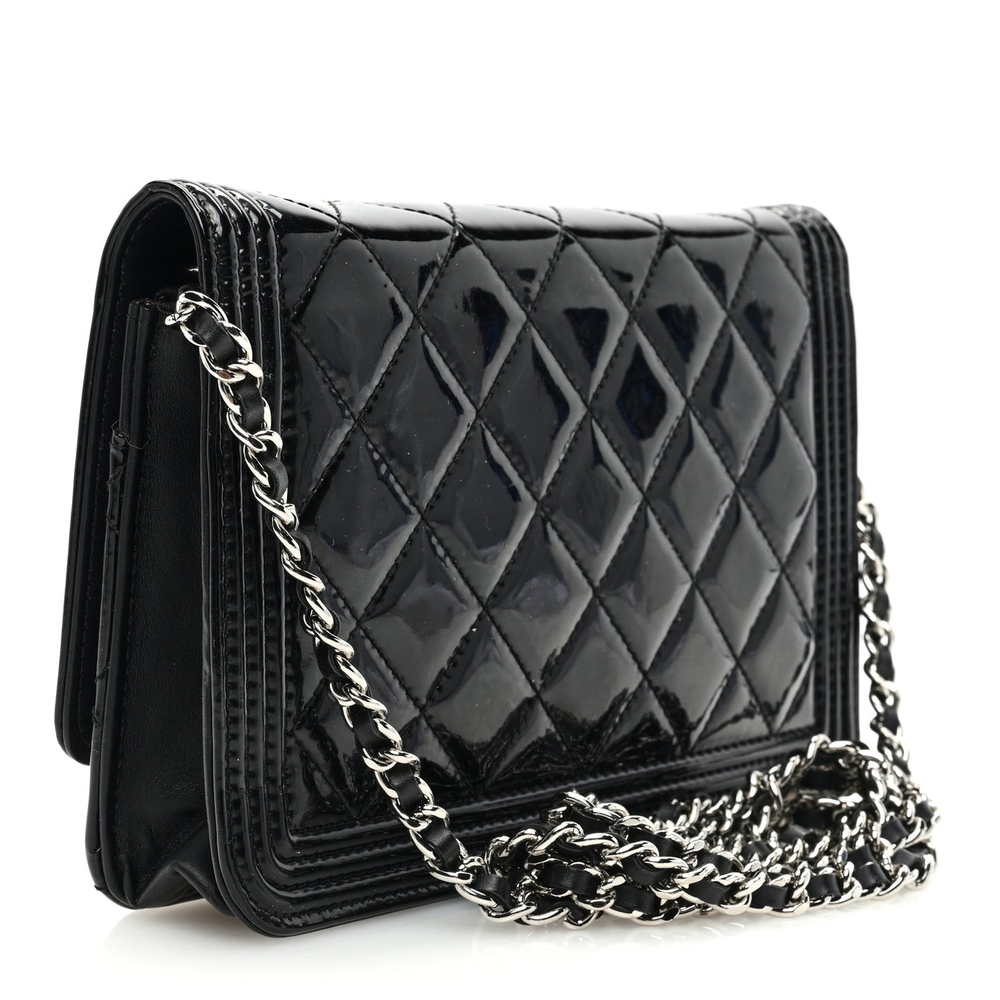 Patent Calfskin Quilted Boy Wallet On Chain WOC Black