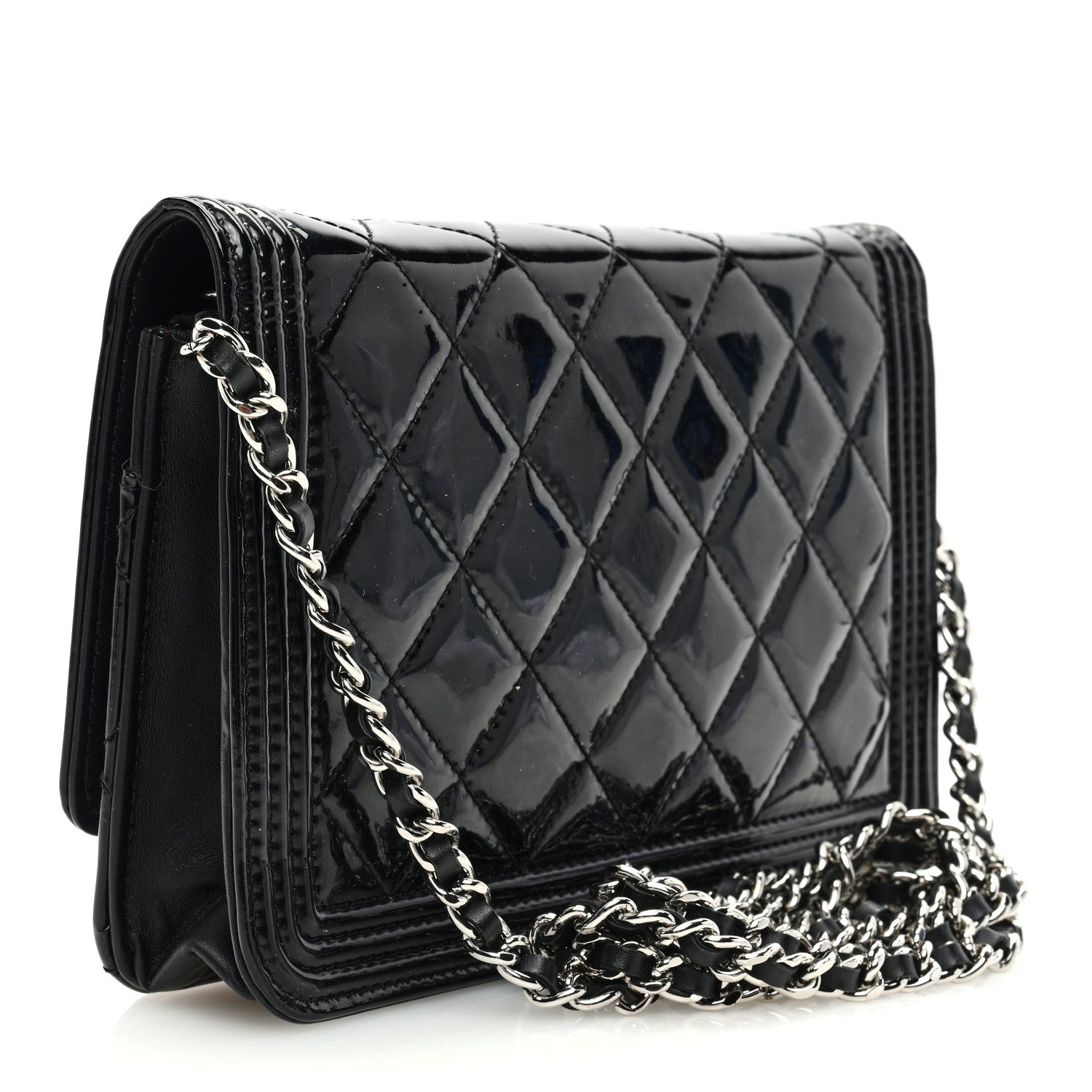 Chanel Patent Calfskin Quilted Boy Wallet On Chain WOC Black 3 of 10